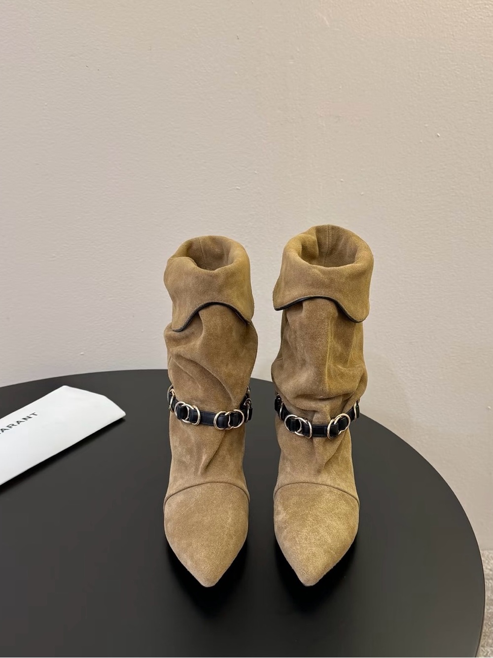 Isabel Marant Tan Suede Slouch Ankle Boots with Black Chain Strap